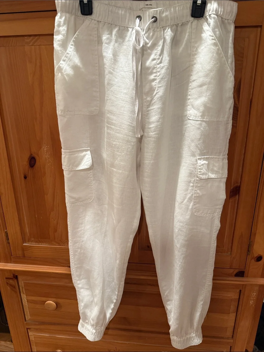 Women White Cargo 100% Linen Jogger Pants with Drawstring